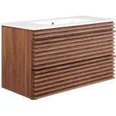 Render 36" Wall Mount Bathroom Vanity in Walnut & White