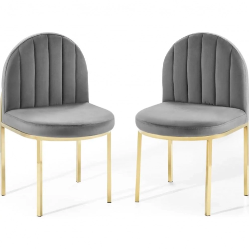 Isla Dining Chair in Channel Tufted Gray Velvet & Gold (Set of 2)