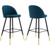 Cordial Bar Stool in Azure Blue Fabric & Black Metal (Set of 2)