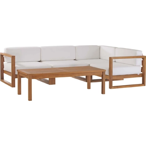 Upland Outdoor 5 Piece Sectional Sofa Set in Teak & White Fabric