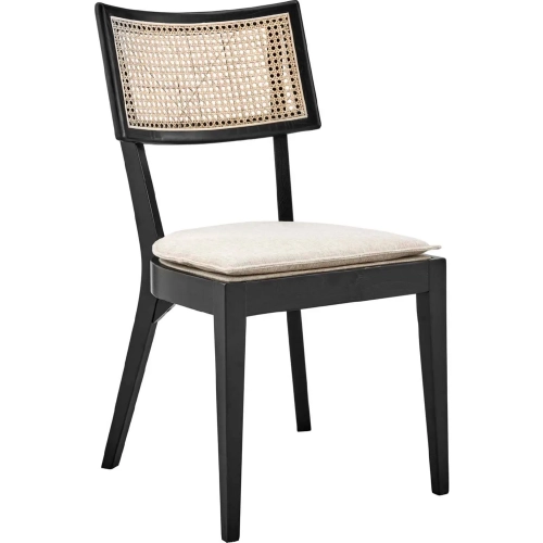 Caledonia Dining Chair in Black Wood, Cane & Beige Fabric