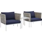 Harmony Outdoor 3 Piece Accent Chair Set in Tan Weave & Navy Blue Sunbrella