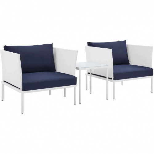 Harmony Outdoor 3 Piece Accent Chair Set in White Fabric & Navy Blue Sunbrella