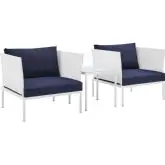 Harmony Outdoor 3 Piece Accent Chair Set in White Fabric & Navy Blue Sunbrella