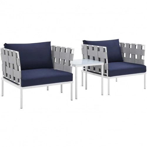 Harmony Outdoor 3 Piece Accent Chair Set in Gray Fabric & Navy Blue Sunbrella