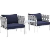 Harmony Outdoor 3 Piece Accent Chair Set in Gray Fabric & Navy Blue Sunbrella