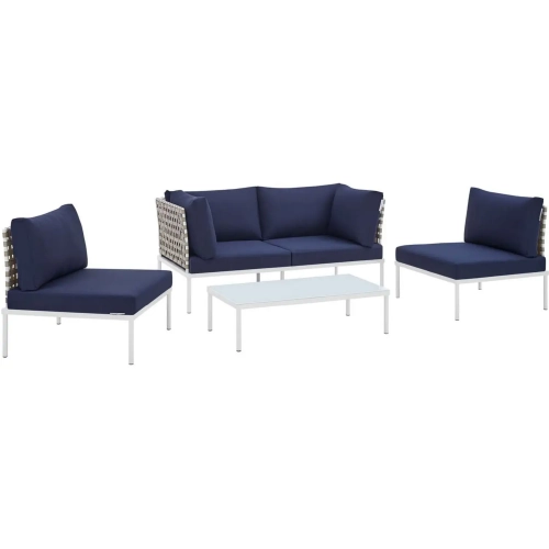 Harmony Outdoor 4 Piece Sofa Set in Tan Weave & Navy Blue Sunbrella