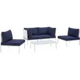 Harmony Outdoor 4 Piece Sofa Set in White Fabric & Navy Blue Sunbrella