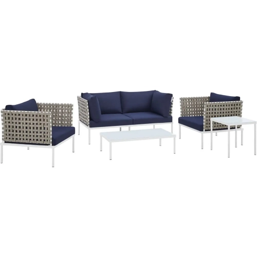 Harmony Outdoor 5 Piece Sofa Set in Tan Weave & Navy Blue Sunbrella