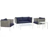 Harmony Outdoor 5 Piece Sofa Set in Tan Weave & Navy Blue Sunbrella