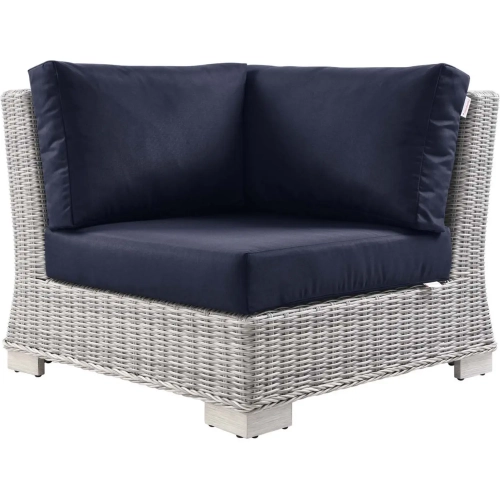 Conway Outdoor Corner Chair in Navy Bue Fabric & Gray Wicker Rattan