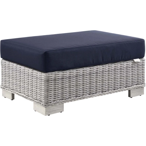 Conway Outdoor Ottoman in Navy Bue Fabric & Gray Wicker Rattan