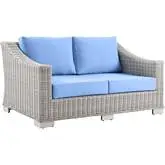 Conway Outdoor Loveseat in Light Bue Fabric & Gray Wicker Rattan