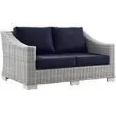 Conway Outdoor Loveseat in Navy Bue Fabric & Gray Wicker Rattan