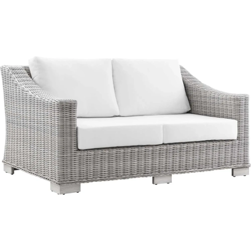 Conway Outdoor Loveseat in White Fabric & Gray Wicker Rattan