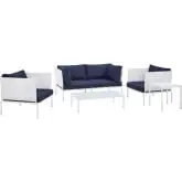 Harmony Outdoor 5 Piece Sofa Set in White Fabric & Navy Blue Sunbrella