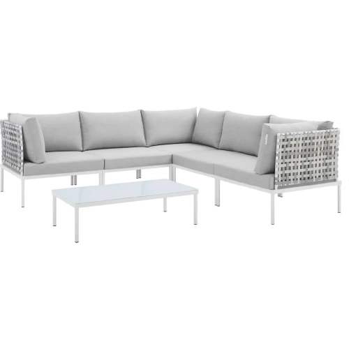 Harmony Outdoor 6 Piece Sectional Sofa Set in Taupe Weave & Gray Sunbrella