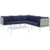 Harmony Outdoor 6 Piece Sectional Sofa Set in Taupe Weave & Navy Blue Sunbrella