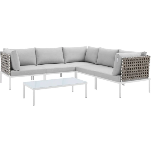 Harmony Outdoor 6 Piece Sectional Sofa Set in Tan Weave & Gray Sunbrella