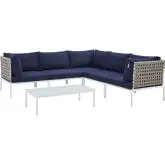 Harmony Outdoor 6 Piece Sectional Sofa Set in Tan Weave & Navy Blue Sunbrella