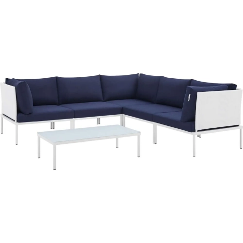 Harmony Outdoor 6 Piece Sectional Sofa Set in White Fabric & Navy Blue Sunbrella