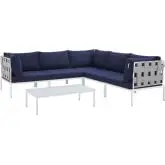 Harmony Outdoor 6 Piece Sectional Sofa Set in Gray Fabric & Navy Blue Sunbrella