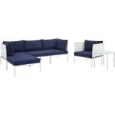 Harmony Outdoor 6 Piece Sectional Sofa Set in White Fabric & Navy Blue Sunbrella