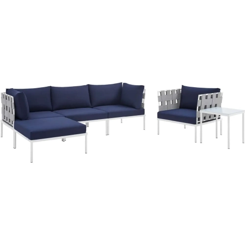 Harmony Outdoor 6 Piece Sectional Sofa Set in Gray Fabric & Navy Blue Sunbrella