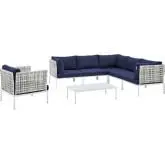 Harmony Outdoor 7 Piece Sectional Sofa Set in Taupe Weave & Navy Blue Sunbrella