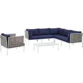 Harmony Outdoor 7 Piece Sectional Sofa Set in Tan Weave & Navy Blue Sunbrella