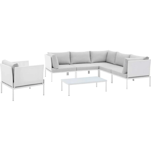 Harmony Outdoor 7 Piece Sectional Sofa Set in White Fabric & Gray Sunbrella