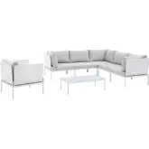 Harmony Outdoor 7 Piece Sectional Sofa Set in White Fabric & Gray Sunbrella