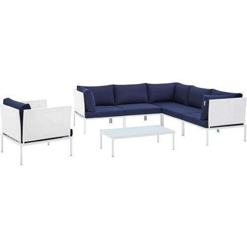 Harmony Outdoor 7 Piece Sectional Sofa Set in White Fabric & Navy Blue Sunbrella