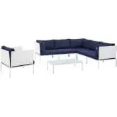 Harmony Outdoor 7 Piece Sectional Sofa Set in White Fabric & Navy Blue Sunbrella