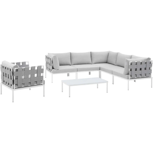 Harmony Outdoor 7 Piece Sectional Sofa Set in Gray Fabric & Gray Sunbrella