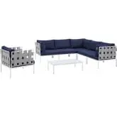 Harmony Outdoor 7 Piece Sectional Sofa Set in Gray Fabric & Navy Blue Sunbrella