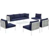 Harmony Outdoor 8 Piece Sectional Sofa Set in Taupe Weave & Navy Blue Sunbrella