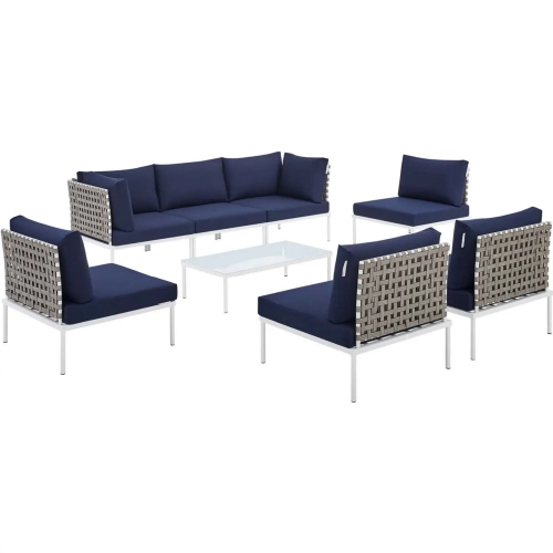 Harmony Outdoor 8 Piece Sectional Sofa Set in Tan Weave & Navy Blue Sunbrella