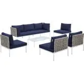 Harmony Outdoor 8 Piece Sectional Sofa Set in Tan Weave & Navy Blue Sunbrella