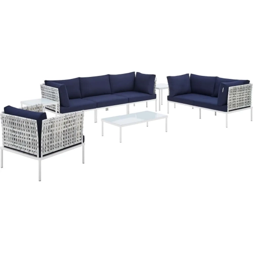 Harmony Outdoor 8 Piece Sectional Sofa Set in Taupe Weave & Navy Blue Sunbrella &reg;