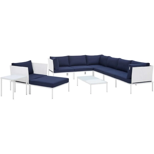 Harmony Outdoor 10 Piece Sectional Sofa Set in White Weave & Navy Blue Sunbrella &reg;