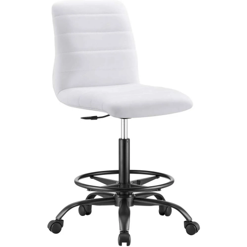 Ripple Armless Drafting Chair in Channel Tufted White Vegan Leather & Black