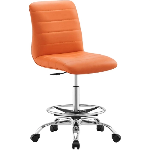 Ripple Armless Drafting Chair in Channel Tufted Orange Vegan Leather & Silver