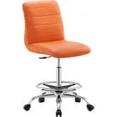 Ripple Armless Drafting Chair in Channel Tufted Orange Vegan Leather & Silver