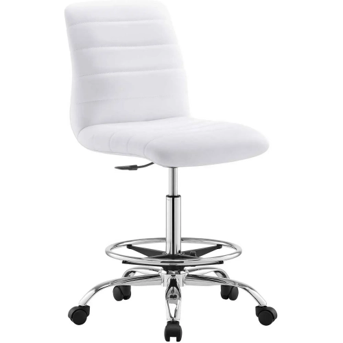 Ripple Armless Drafting Chair in Channel Tufted White Vegan Leather & Silver