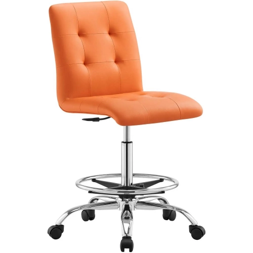 Prim Armless Drafting Office Chair in Tufted Orange Vegan Leather & Silver