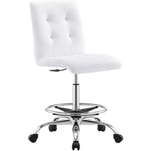 Prim Armless Drafting Office Chair in Tufted White Vegan Leather & Silver