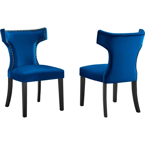 Curve Dining Chair in Navy Blue Velvet w/ Nailhead (Set of 2)