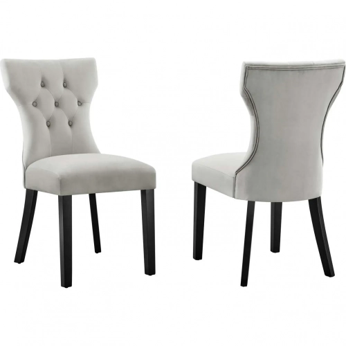 Silhouette Dining Chair in Tufted Light Gray Velvet & Black Wood (Set of 2)