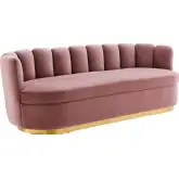 Victoria Sofa in Channel Tufted Rose Velvet & Brushed Gold Stainless